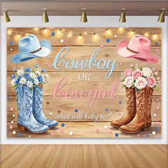 Lofaris Rustikaler Holz Cowboy-Cowgirl-Babypartyhintergrund mit Stiefeln und Hüten, süße Fotokulisse für Geschlechtsenthüllung und Babyparty