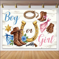 Lofaris Junge oder Mädchen Western-Geschlechtsenthüllung Hintergrund mit Cowboy-Stiefeln und Hufeisen, rustikale Babyparty-Kulisse