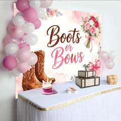 Lofaris Boots-oder-Bows Geschlechtsenthüllungs-Hintergrund für Babyparty, rustikale Fotowand mit Cowboy-Stiefeln und rosa Blumen