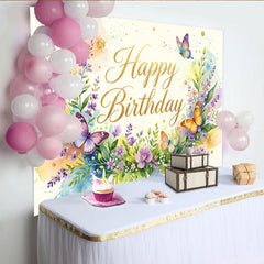 Lofaris Goldener Happy Birthday Aquarell-Blumen-Geburtstagshintergrund mit Schmetterlingen, Kulisse für Mädchen Fotoshooting
