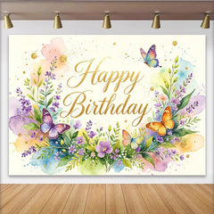 Lofaris Goldener Happy Birthday Aquarell-Blumen-Geburtstagshintergrund mit Schmetterlingen, Kulisse für Mädchen Fotoshooting