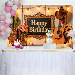 Lofaris Rustikaler Western-Geburtstagshintergrund mit Cowboy-Stiefeln und Gitarre, ideale Fotokulisse für Country-Partys und Fotoshootings