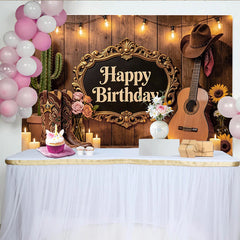 Lofaris Rustikaler Western-Geburtstagshintergrund mit Cowboystiefeln und Gitarre, elegante Kulisse für Country-Party und Fotoshooting
