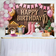 Lofaris Rosa Cowgirl-Geburtstagshintergrund mit Goldbarren und Luftballons für Mädchen, rustikale Fotokulisse im Western-Stil für Party