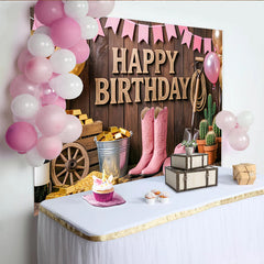 Lofaris Rosa Cowgirl-Geburtstagshintergrund mit Goldbarren und Luftballons für Mädchen, rustikale Fotokulisse im Western-Stil für Party