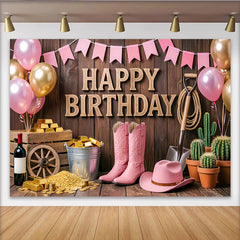 Lofaris Rosa Cowgirl-Geburtstagshintergrund mit Goldbarren und Luftballons für Mädchen, rustikale Fotokulisse im Western-Stil für Party