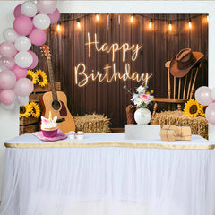 Lofaris Rustikaler Western-Geburtstagshintergrund mit Happy Birthday Schriftzug, ländliche Kulisse mit Sonnenblumen und Cowboystiefeln
