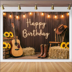 Lofaris Rustikaler Western-Geburtstagshintergrund mit Happy Birthday Schriftzug, ländliche Kulisse mit Sonnenblumen und Cowboystiefeln