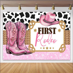 Lofaris Rosa Cowgirl Rodeo Geburtstag Hintergrund mit Stiefeln und Hut, Kuhflecken Muster Fotowand für Mädchen Party Dekoration