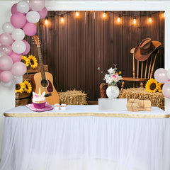 Lofaris Rustikaler Holz Western-Fotohintergrund mit Lichterketten, ländliche Kulisse für Fotoshooting mit Sonnenblumen und Cowboy-Stiefeln