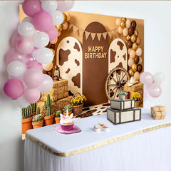 Lofaris Rustikaler Western-Geburtstagshintergrund mit Kuhflecken und Luftballons, braune Cowboy-Kulisse für Kindergeburtstag Fotoshooting