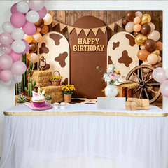 Lofaris Rustikaler Western-Geburtstagshintergrund mit Happy Birthday Schriftzug, braune Luftballons Kuhflecken Fotowand für Feier und Fotos