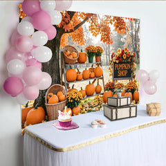 Lofaris orange Herbst-Kürbishintergrund mit Ahornblättern und Kürbissen, rustikale Herbstkulisse für Fotoshootings und saisonale Dekoration