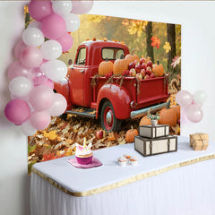 Lofaris Herbst-Ernte-Fotohintergrund roter Vintage Truck Kürbisse Äpfel, gemütliche Kulisse für Familienfotos und Herbstdekoration
