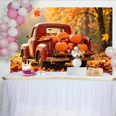 Lofaris Roter Vintage Pickup Herbsthintergrund mit Kürbissen und Blättern, warme Fotokulisse für herbstliche Fotoshootings