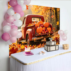 Lofaris Roter Vintage Pickup Herbsthintergrund mit Kürbissen und Blättern, warme Fotokulisse für herbstliche Fotoshootings