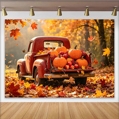 Lofaris Roter Vintage Pickup Herbsthintergrund mit Kürbissen und Blättern, warme Fotokulisse für herbstliche Fotoshootings