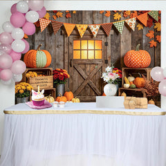 Lofaris Rustikaler Herbsthintergrund für Erntedank mit Kürbissen und Holzwand, gemütliche Kulisse für Fotoshooting und Herbstdekoration