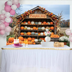 Lofaris Rustikaler Herbst-Kürbisstand Hintergrund mit 'Pumpkin Shop' Schild, vielfältige Kürbisdekoration für Herbstfotoshootings