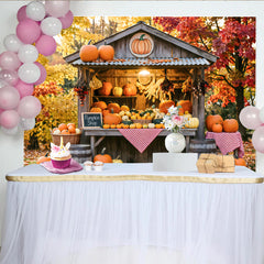 Lofaris Rustikaler Herbst-Kürbisstand-Hintergrund mit bunten Blättern, gemütliche Fotokulisse für Erntefest und Halloween
