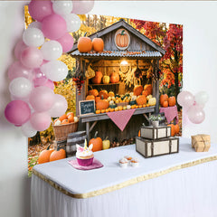 Lofaris Rustikaler Herbst-Kürbisstand-Hintergrund mit bunten Blättern, gemütliche Fotokulisse für Erntefest und Halloween