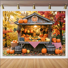 Lofaris Rustikaler Herbst-Kürbisstand-Hintergrund mit bunten Blättern, gemütliche Fotokulisse für Erntefest und Halloween
