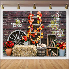 Lofaris Herbstlicher Fotohintergrund mit Ziegelwand und Ahornblättern, gemütliche Kulisse für Fotoshooting und saisonale Deko