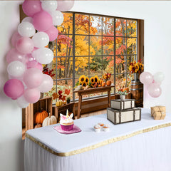 Lofaris Leuchtender Herbstfotohintergrund mit bunten Blättern und Kürbissen, gemütliche Fensterkulisse für Fotoshooting und Dekoration