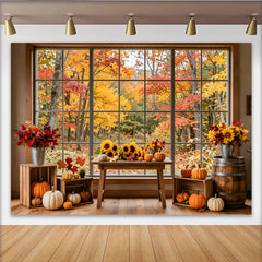 Lofaris Leuchtender Herbstfotohintergrund mit bunten Blättern und Kürbissen, gemütliche Fensterkulisse für Fotoshooting und Dekoration