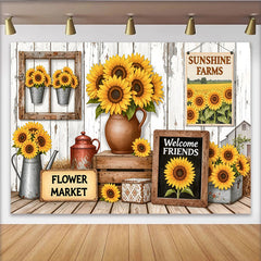 Lofaris Rustikaler Sonnenblumen-Landhaus-Hintergrund mit weißer Holzscheune, idyllische Fotokulisse für Sommer und Bauernhof-Dekoration