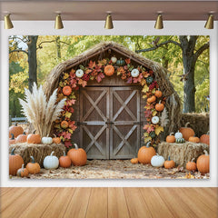 Lofaris Herbstlicher Scheunen-Hintergrund mit Kürbissen und bunten Blättern, perfekte Kulisse für Erntedankfest und Fotoshootings