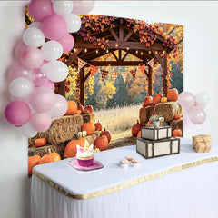 Lofaris Rustikaler Herbst-Erntedank-Hintergrund mit Kürbissen Heuballen und Herbstlaub, Herbstkulisse für Fotoshooting und Partydekoration