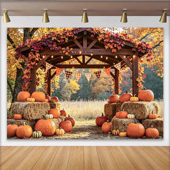 Lofaris Rustikaler Herbst-Erntedank-Hintergrund mit Kürbissen Heuballen und Herbstlaub, Herbstkulisse für Fotoshooting und Partydekoration
