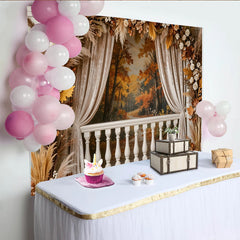 Lofaris Eleganter Herbstbalkon Fotohintergrund mit Herbstlaub und Pampasgras, romantische Kulisse für Hochzeiten und Porträts