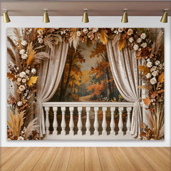 Lofaris Eleganter Herbstbalkon Fotohintergrund mit Herbstlaub und Pampasgras, romantische Kulisse für Hochzeiten und Porträts