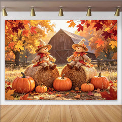 Lofaris Rustikaler Herbsthintergrund mit Vogelscheuchen und Kürbissen, gemütliche Scheunen-Kulisse für herbstliche Fotoshootings