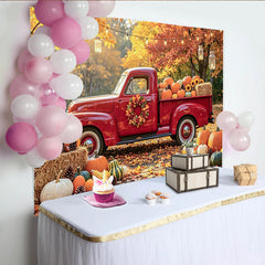 Lofaris Roter Vintage Pickup Truck Herbsthintergrund mit Kürbissen und bunten Blättern, rustikale Fotokulisse für Erntedankfest