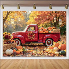 Lofaris Roter Vintage Pickup Truck Herbsthintergrund mit Kürbissen und bunten Blättern, rustikale Fotokulisse für Erntedankfest