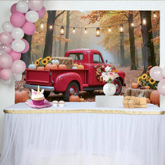 Lofaris Roter Vintage-Truck Herbstlandschaft Fotohintergrund mit Kürbissen und Sonnenblumen, gemütliche Kulisse für Fotoshooting