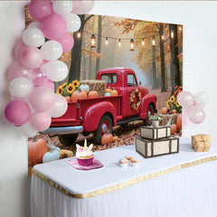 Lofaris Roter Vintage-Truck Herbstlandschaft Fotohintergrund mit Kürbissen und Sonnenblumen, gemütliche Kulisse für Fotoshooting