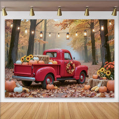 Lofaris Roter Vintage-Truck Herbstlandschaft Fotohintergrund mit Kürbissen und Sonnenblumen, gemütliche Kulisse für Fotoshooting