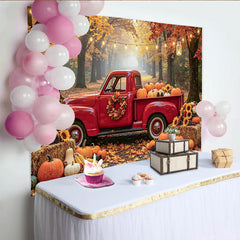 Lofaris Herbst-Fotohintergrund mit rotem Truck und Kürbissen, idyllische Kulisse für herbstliche Dekoration im Studio