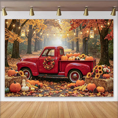 Lofaris Herbst-Fotohintergrund mit rotem Truck und Kürbissen, idyllische Kulisse für herbstliche Dekoration im Studio