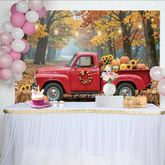 Lofaris Roter Truck Herbstfotohintergrund mit Kürbissen im Wald, rustikale Kulisse für herbstliche Dekoration und Fotoshooting