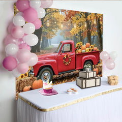 Lofaris Roter Truck Herbstfotohintergrund mit Kürbissen im Wald, rustikale Kulisse für herbstliche Dekoration und Fotoshooting