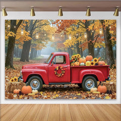 Lofaris Roter Truck Herbstfotohintergrund mit Kürbissen im Wald, rustikale Kulisse für herbstliche Dekoration und Fotoshooting