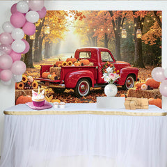 Lofaris Herbst-Fotohintergrund mit rotem Truck und Kürbissen, idyllische herbstliche Kulisse für professionelles Fotostudio