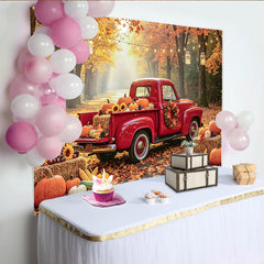 Lofaris Herbst-Fotohintergrund mit rotem Truck und Kürbissen, idyllische herbstliche Kulisse für professionelles Fotostudio