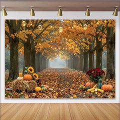 Lofaris Herbst-Fotohintergrund mit Kürbissen und warmen Lichterketten, malerische Kulisse für herbstliche Fotoshootings im Studio