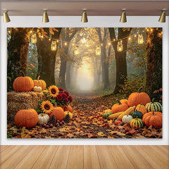 Lofaris Herbstwald-Hintergrund mit Kürbissen und Sonnenblumen, warme Kulisse für gemütliche Fotoshootings im Studio